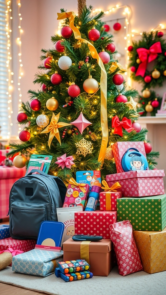 A Christmas tree with gifts for a 13-year-old girl, including a backpack, art supplies, and tech gadgets.